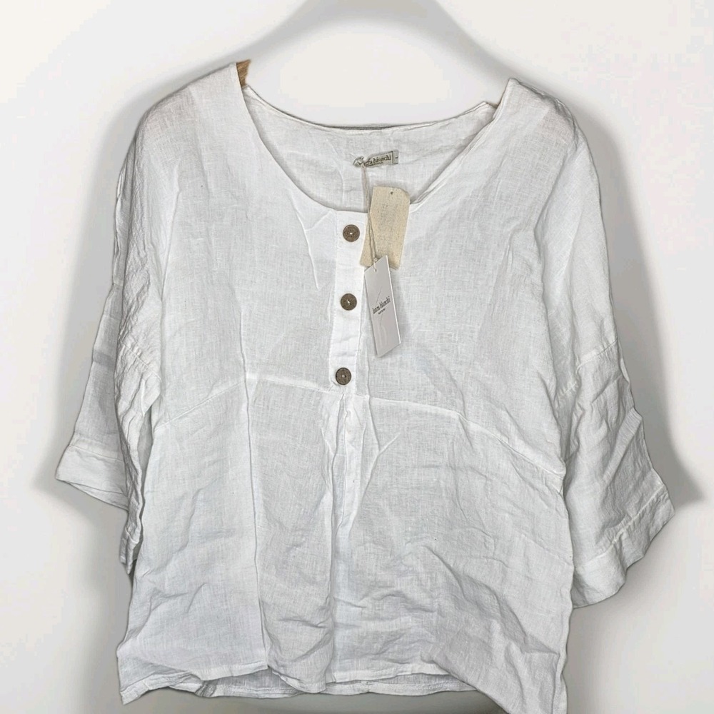 Laura Bianchi Italy White Linen Tunic Wmns Large 3/4 Sleeve Scoop Neck Pullover